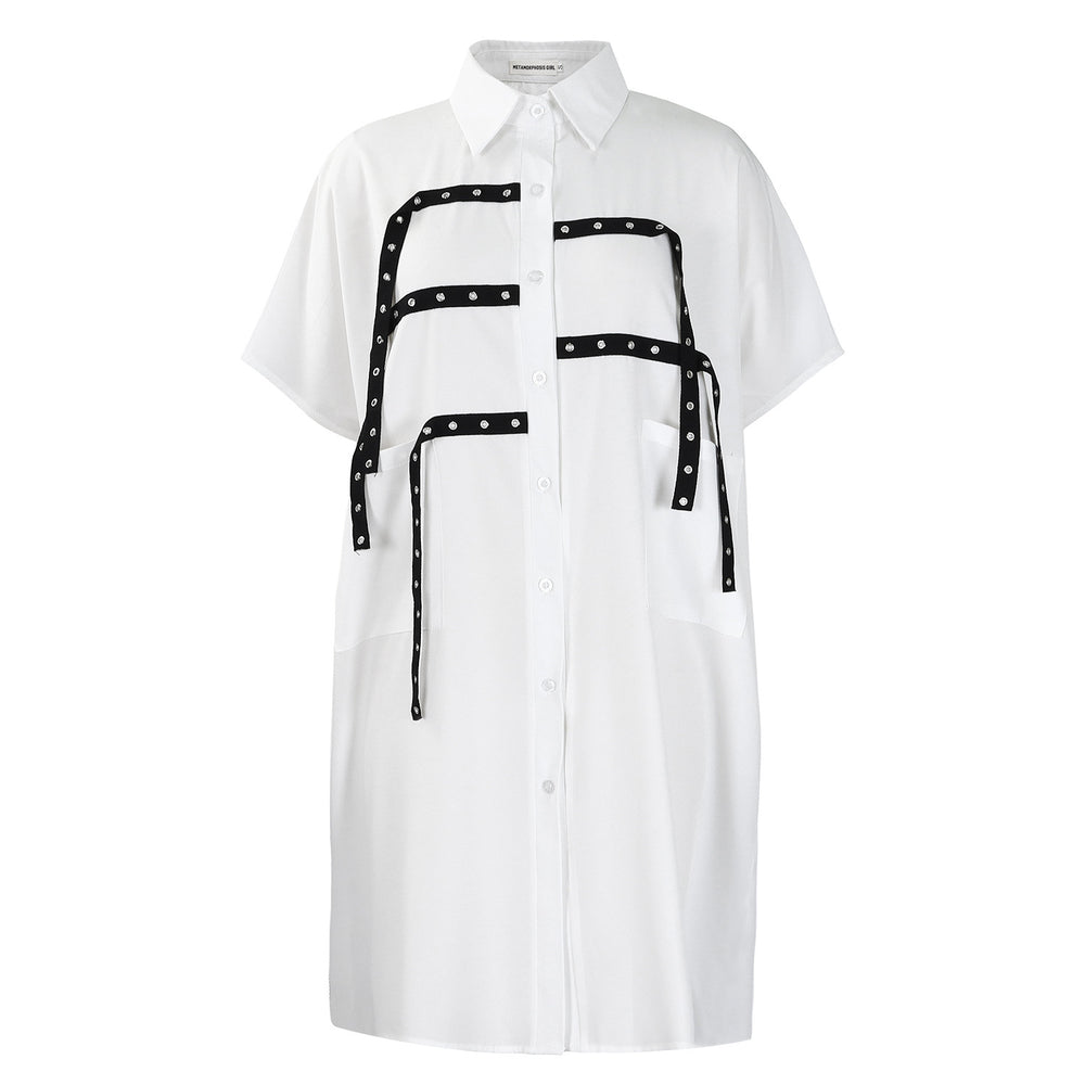D3334export women's clothing  women's short-sleeved fashion loose lapel shirt mid-length shirt cross-border dress