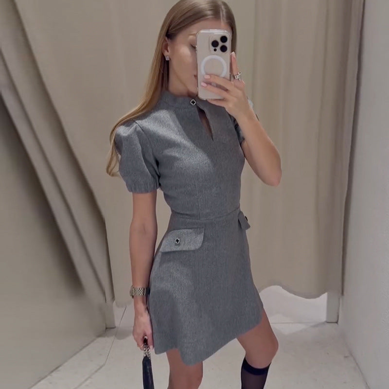 European and american women's clothing  autumn new collection: sweet and fresh stand collar puff sleeve patch pocket high waist slimming a-line mini skirt