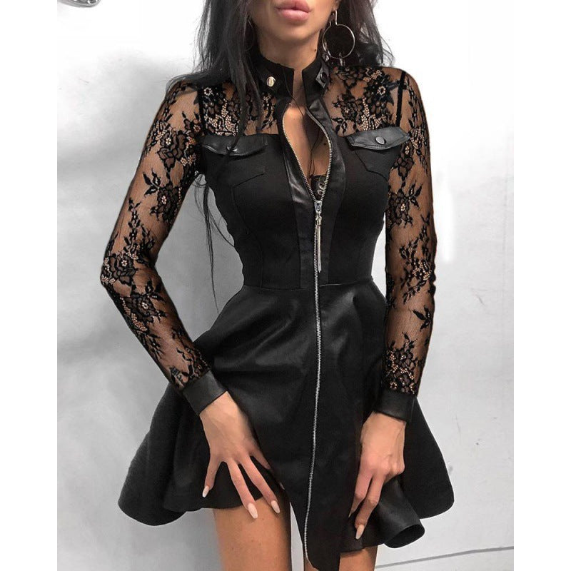 Aliexpress  foreign trade women's autumn/winter new fashion pu leather patchwork waist dress