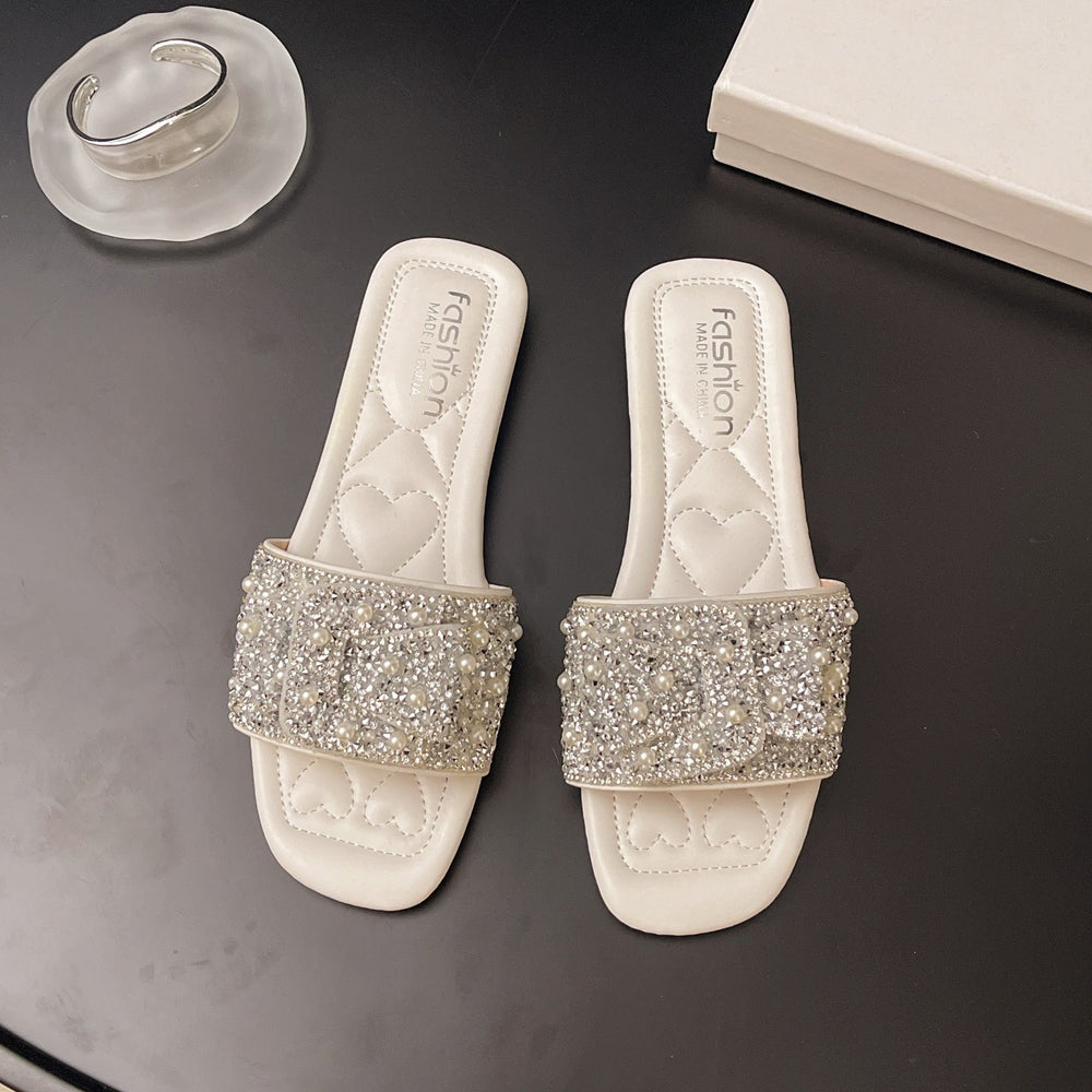 Plus size women's slides for export -  summer new arrivals: european & american fashion rhinestone flat one-strap sandals