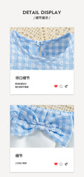 summer girls' skirt set: blue and white plaid sleeveless ruffle top with white tiered skirt - two-piece outfit for kids