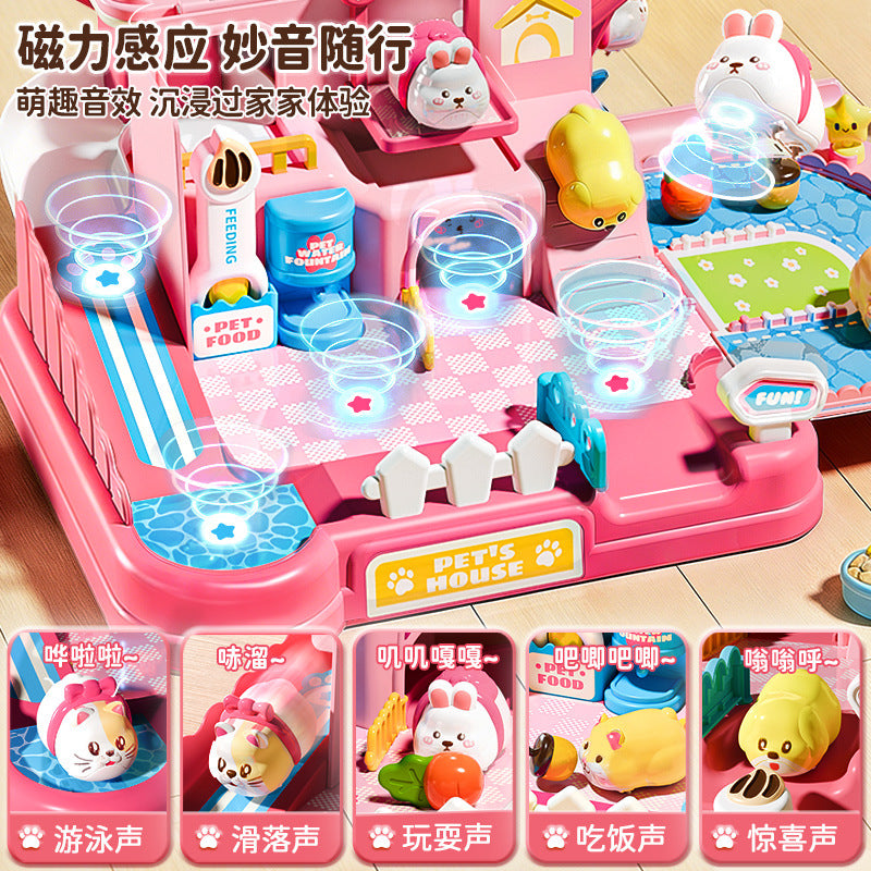3-6 year old girls' toys, pretend play magnetic pet house, little rabbit & cat dolls, birthday gift for girls