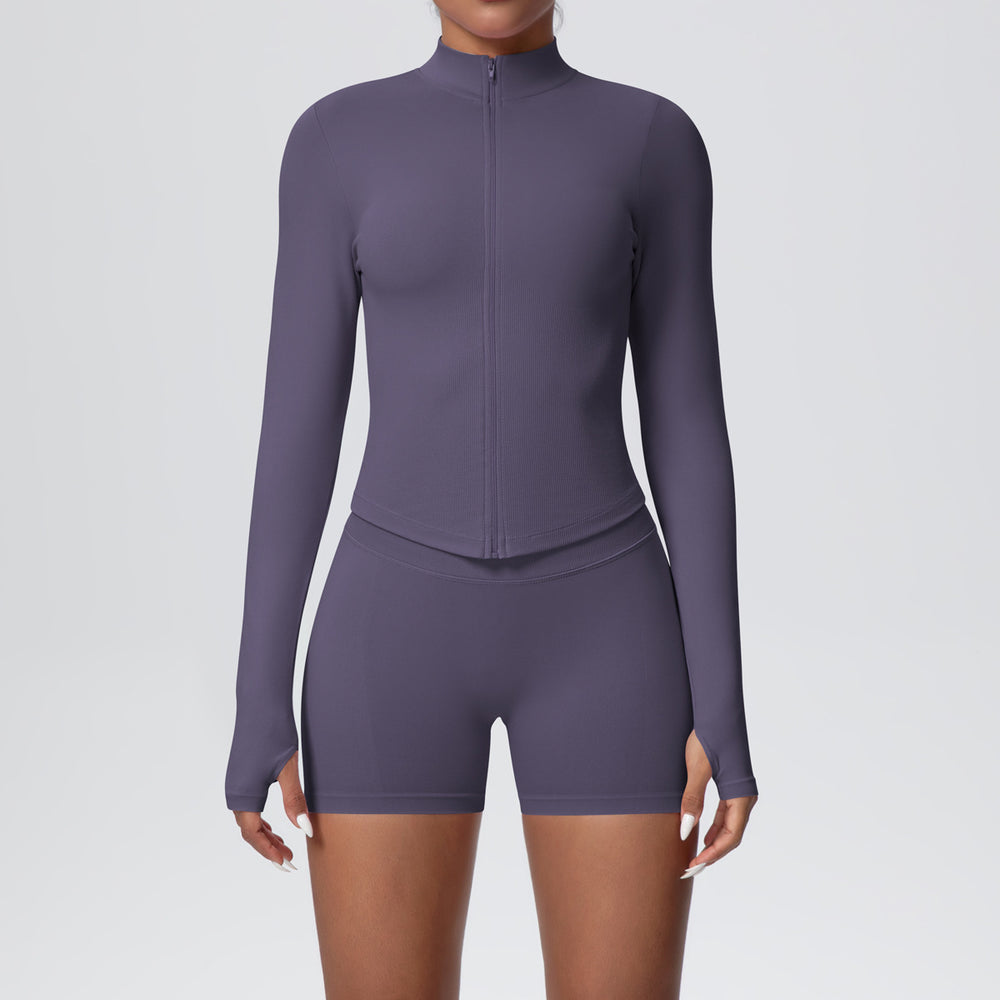 New cross-border seamless solid color high-elastic breathable zipper sports set - running, fitness, and yoga two-piece outfit