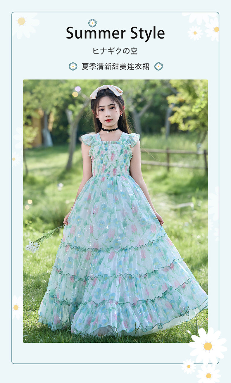 Girls' chiffon dress - floral print, country style, fresh and flowy, suspender dress, chic and stylish, new  long dress