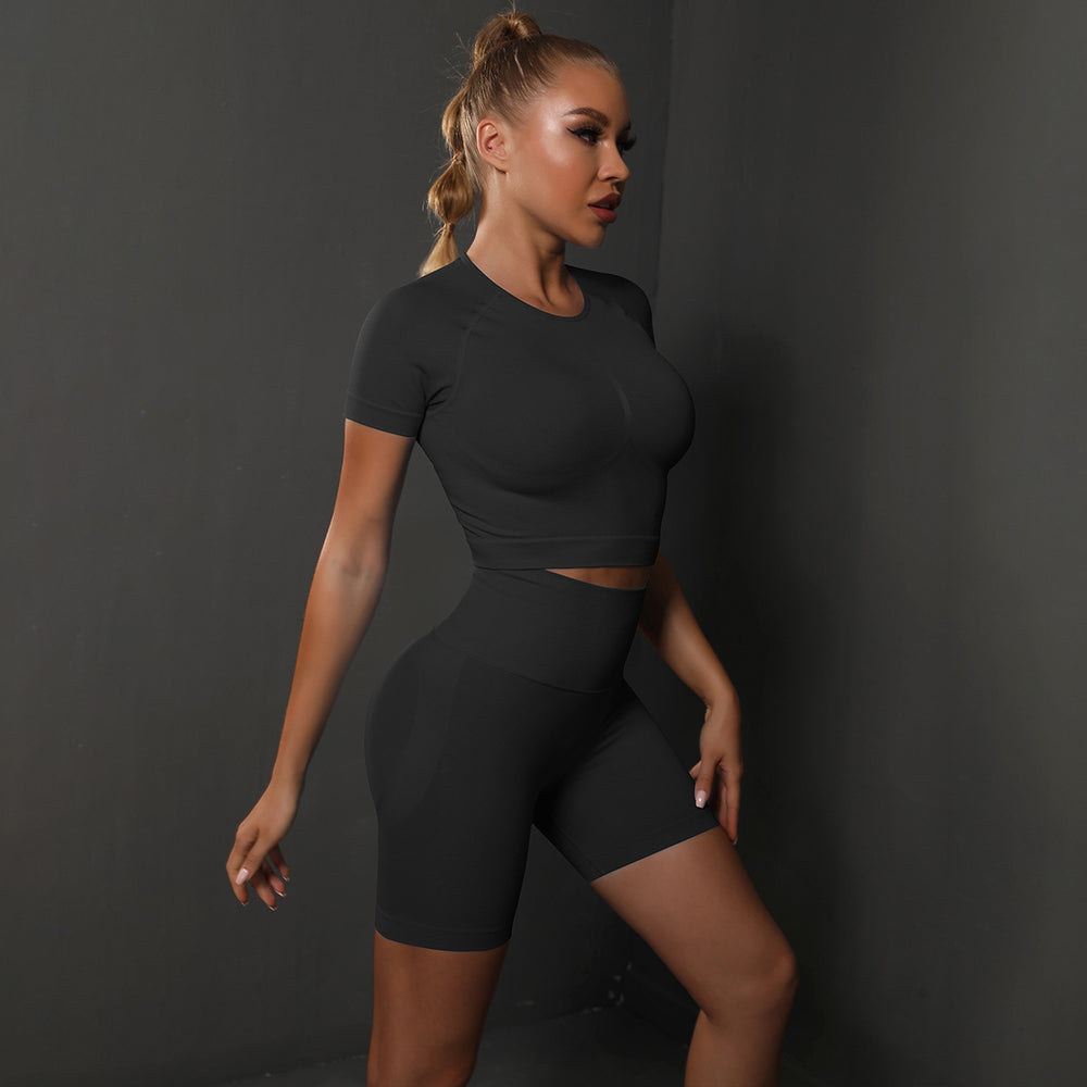 fashion seamless peach butt pure color high elastic yoga short sleeve shortssuitrunning sports fitness two-piece set