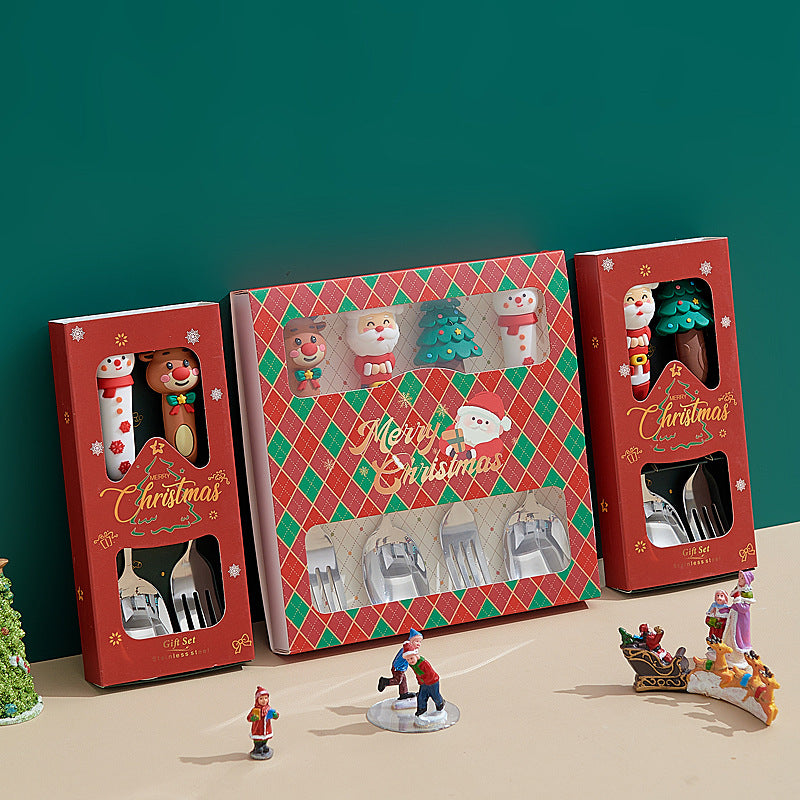 christmas spoon set - cartoon 304 stainless steel santa & reindeer spoons & forks - multi-piece gift box set