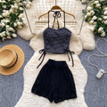 Halter stripes camisole high waistslimming look shortstwo-piece set women's summer silm tube top culottessuit