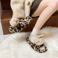 Cream style cute bowskt cat fur slippers women's new autumn winterthick solefleece-lined one-line leopard print cotton slippers