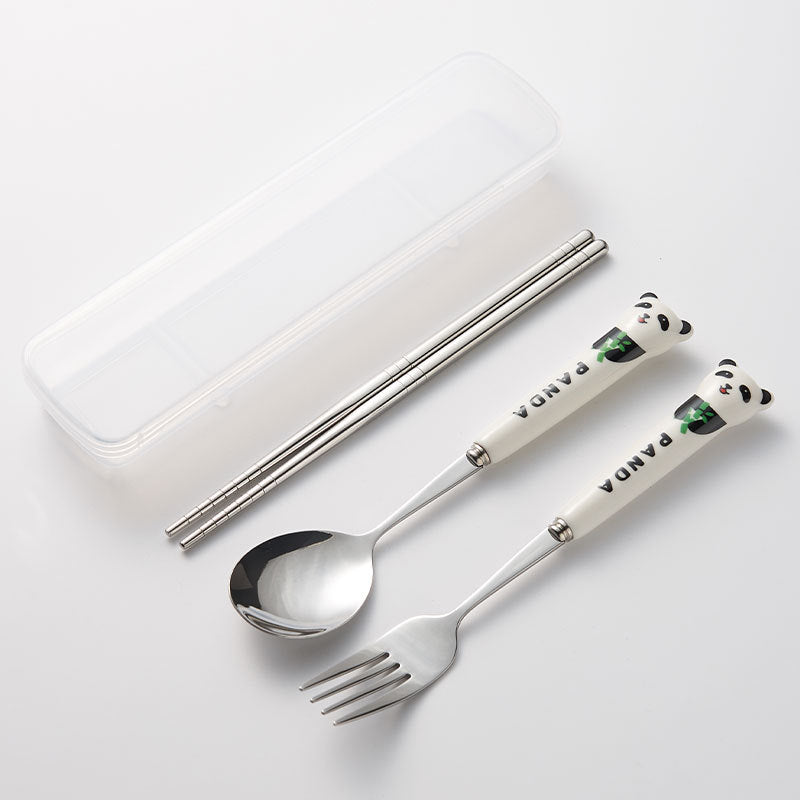 304 stainless steel portable cutlery set - creative panda design with ceramic handle fork, spoon, and chopsticks (3-piece set)
