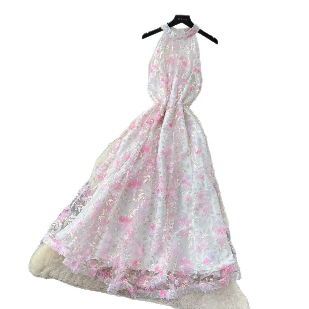 French riviera style halter floral dress - women's summer  high-waisted slimming yellow a-line maxi dress