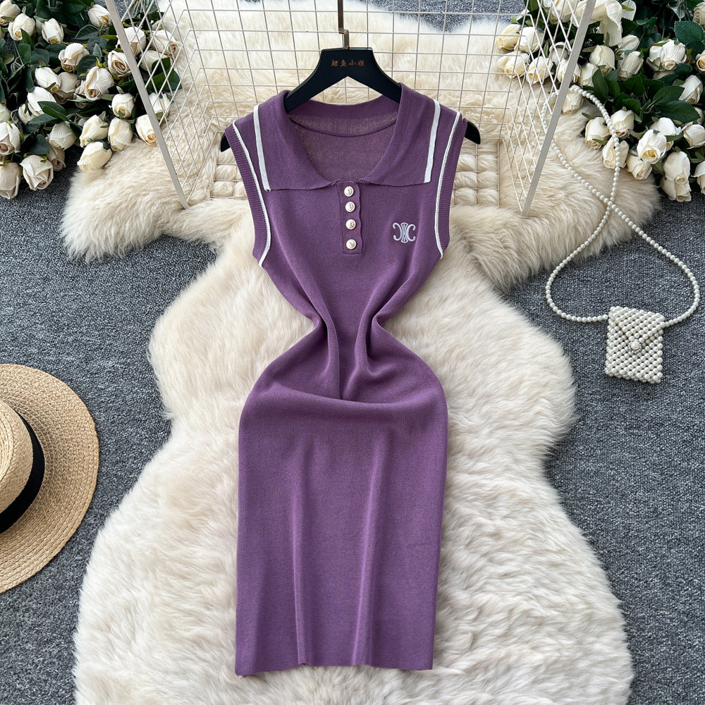 Frenchretro socialite tweed stylefashioncontrast colorembroiderpolo collar sleeveless waist slimming lookknittingdress women