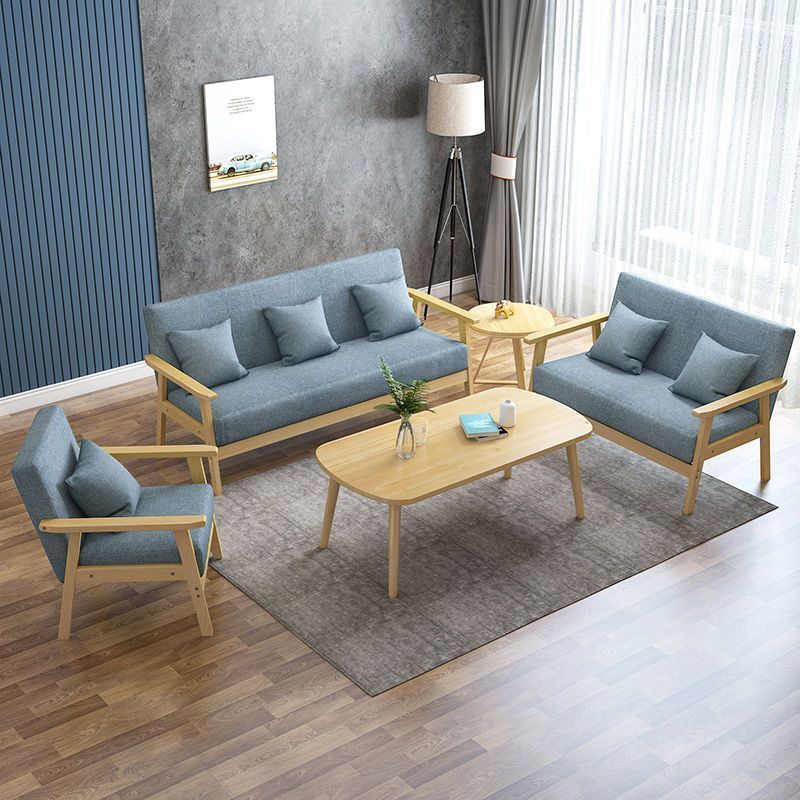 Solid wood sofa and coffee table set - modern minimalist fabric three-seater office chair for small apartment living rooms and rental properties