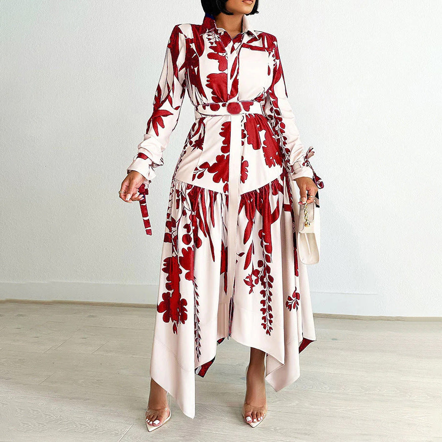 European and american export women's summer new fashionable elegant printed turn-down collar long sleeve irregular skirt printed european and american dress