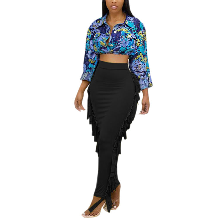 European and american export women's clothing:  casual sexy side-slit irregular tassel solid color butt-lifting midi skirt