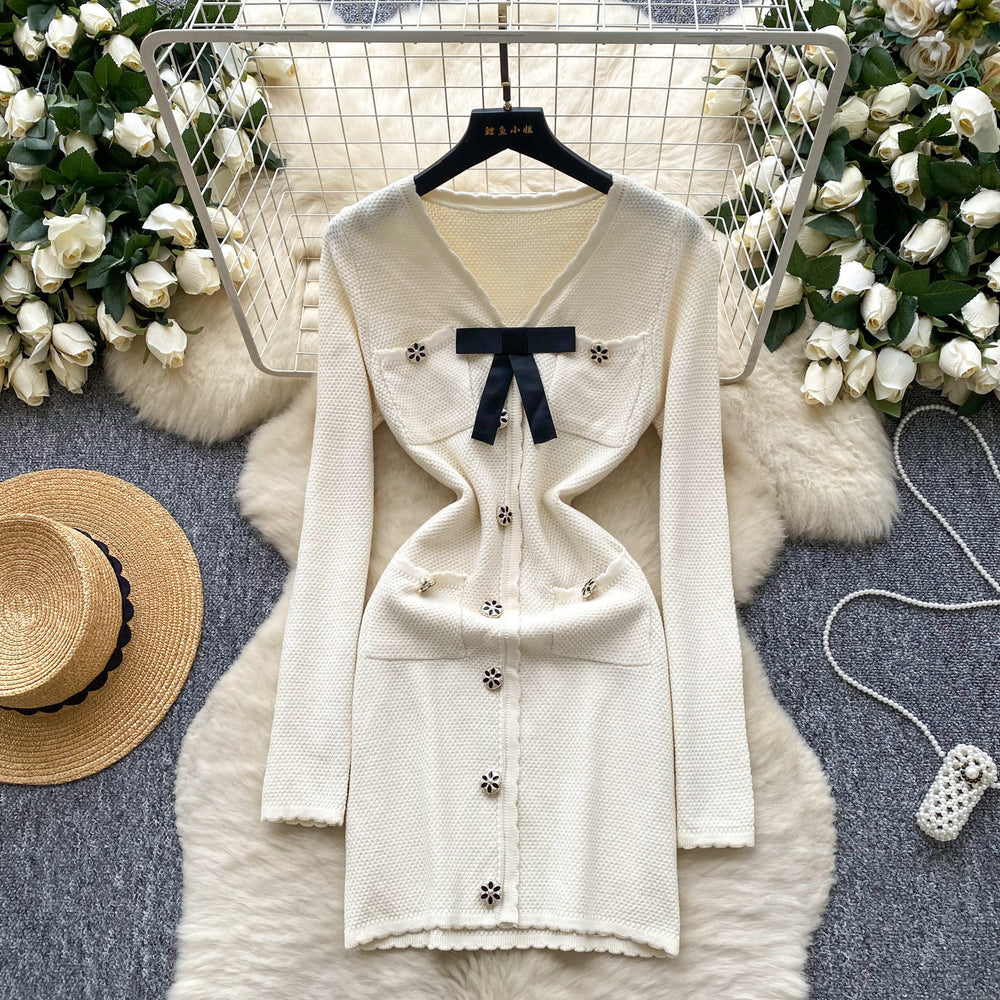 Chic chanel-inspired, high-end, bow-adorned v-neck, metal-buckle cinched-waist, long-sleeved knit dress for women – a french-style mini dress