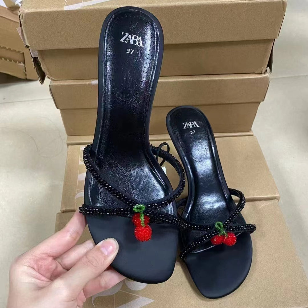 Za2024 summer new fashion high heel women's shoes beaded cherry pendant black stiletto open toe slingback pumps