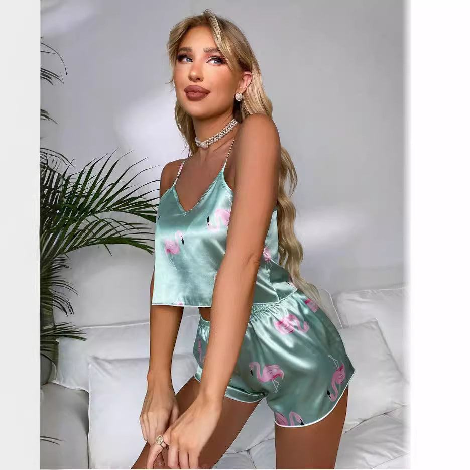 Casual suit  cross-border foreign trade leopard print suspender pajamas women's summer satin artificial silk hot style home clothes