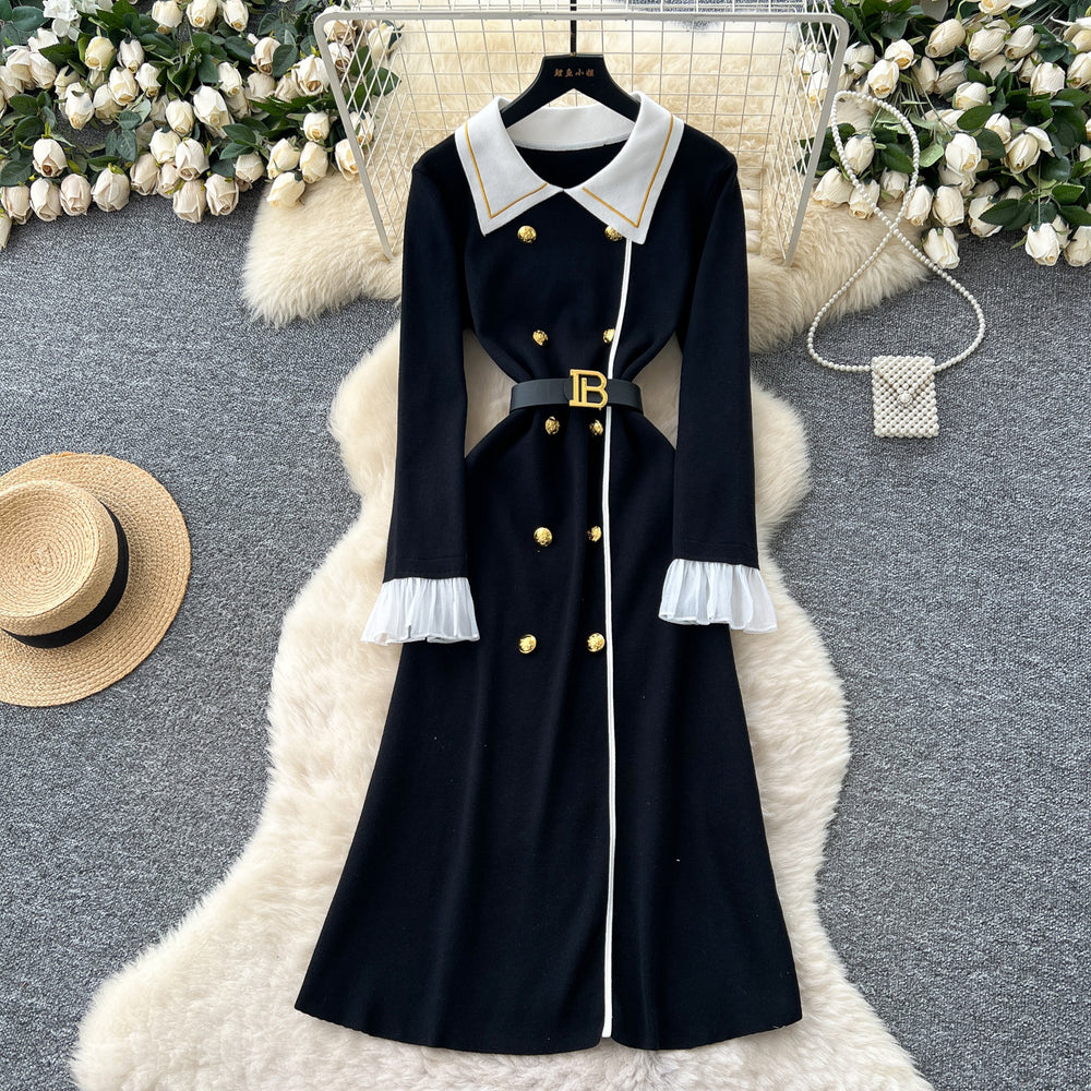 Classy small fragrance fashionablecontrast color lapel long sleeves metal double-breasted waist slimming lookelegantknittingdress