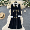 Classy small fragrance fashionablecontrast color lapel long sleeves metal double-breasted waist slimming lookelegantknittingdress