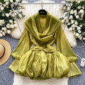 Atmosphere halter neck ribbon swing collar long sleeves waist tops women autumfashionfashion puffy flower bud skirt
