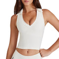 Sleeveless running pilates workout v-neck top vest with padded bra, color block turn-down collar yoga set