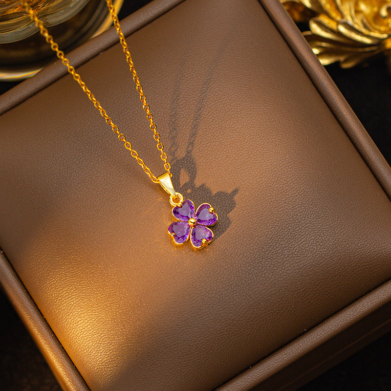 popular zircon-inlaid four-leaf clover necklace accessible luxury niche women's fashion non-fading clavicle chain earrings jewelry set