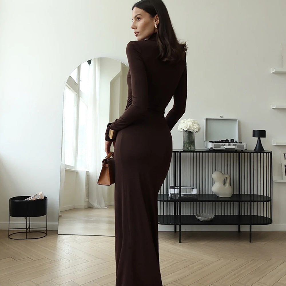 Fashion cross-border fall and winternew arrival women's fashionsexy high slit strap hot girl high collar silm hip-hugging dress