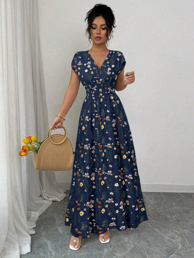 european and american cross-border new summer v-neck french floral print bodycon dress