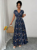 european and american cross-border new summer v-neck french floral print bodycon dress