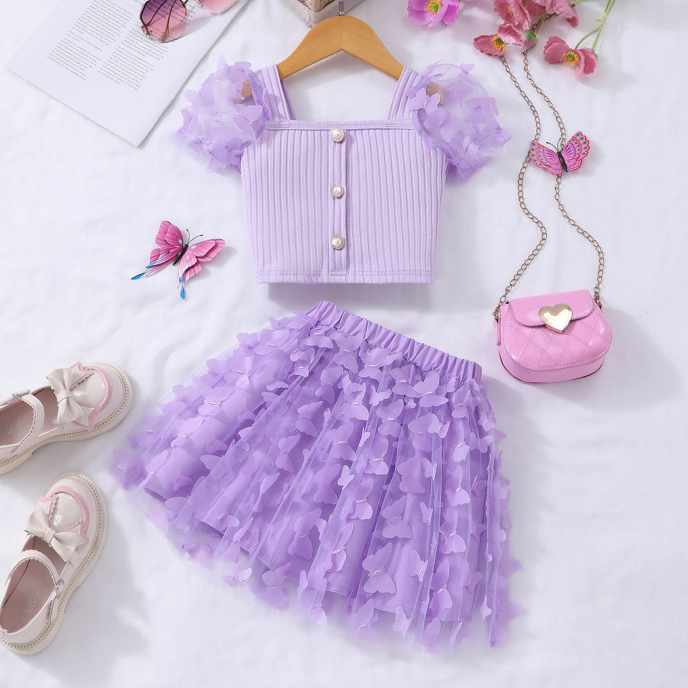 Girls' two-piece set: ribbed knit top with pearl button detail and 3d butterfly mesh skirt