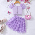 Girls' two-piece set: ribbed knit top with pearl button detail and 3d butterfly mesh skirt