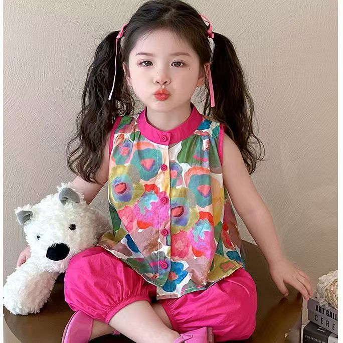 【comfortable neckline】girls' summer outfit set  new style baby floral tank top summer clothes little girl chic