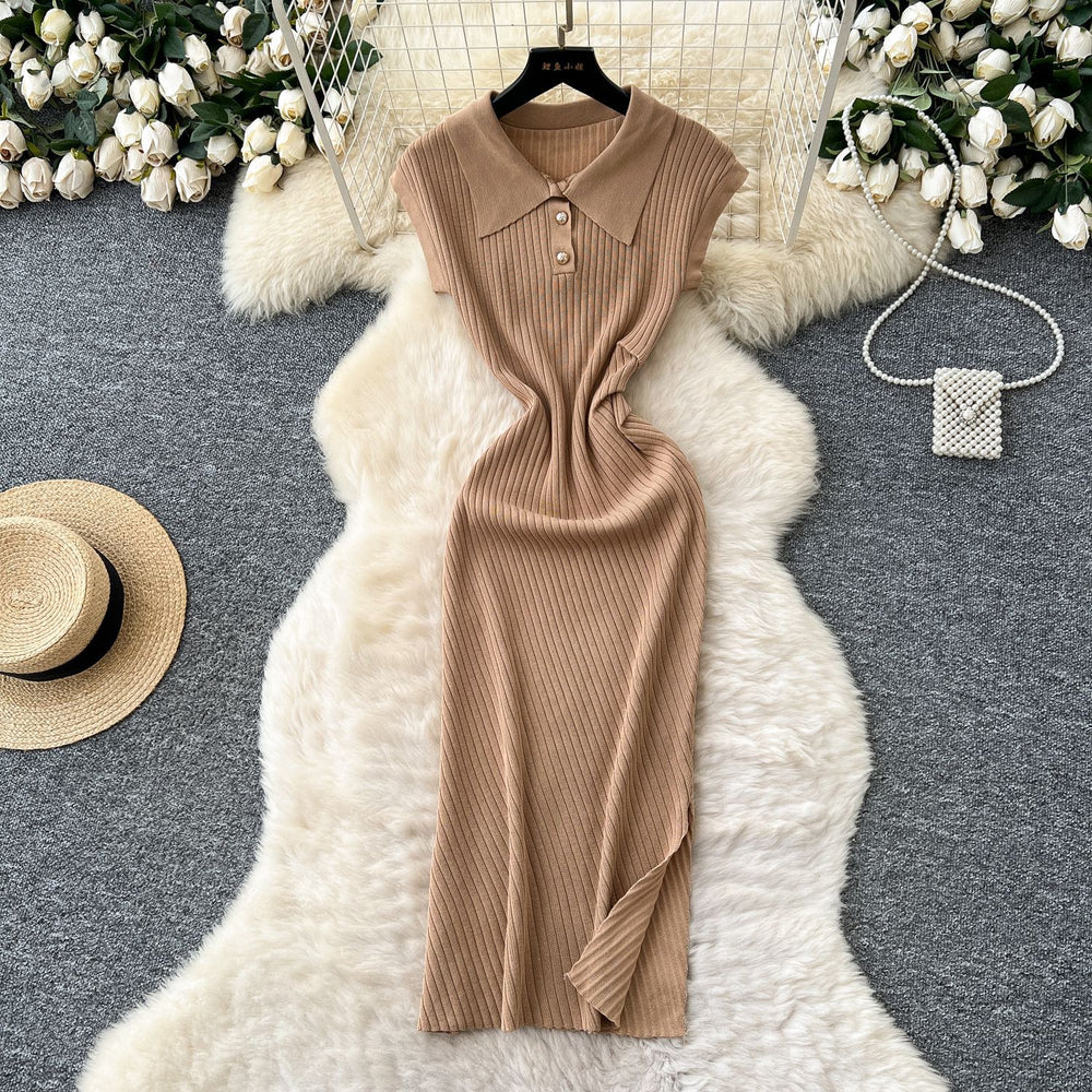 new arrivalniche styleretrok-stylefashionpolo collar short sleeve waist slimming lookelegant slit knittingdress