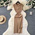 new arrivalniche styleretrok-stylefashionpolo collar short sleeve waist slimming lookelegant slit knittingdress