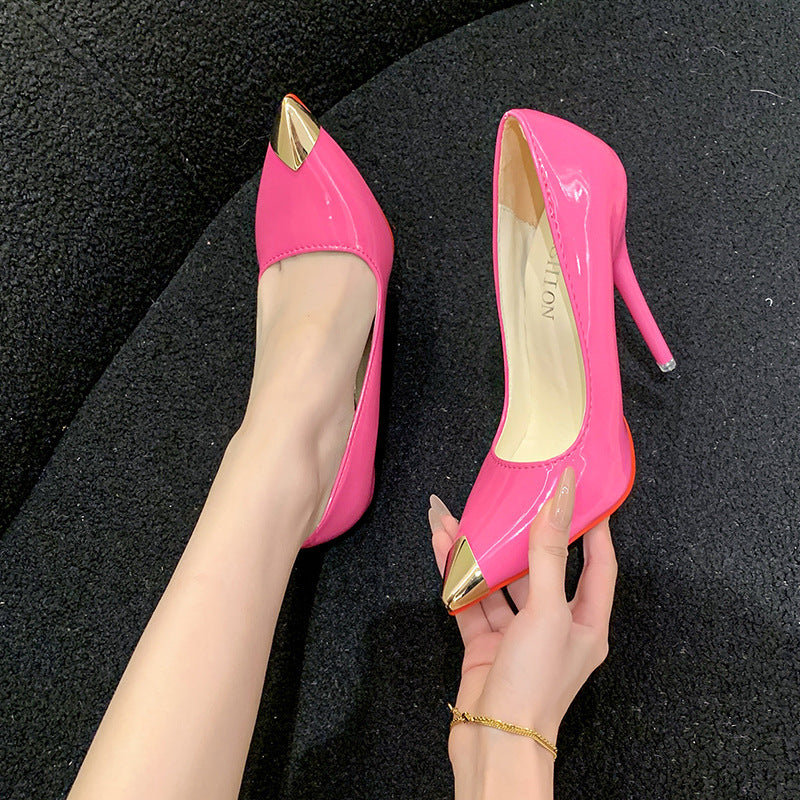 Plus size sexy color block european and american high heels 2026 summer new collection stiletto pointed toe patent leather cross-border professional women's pumps