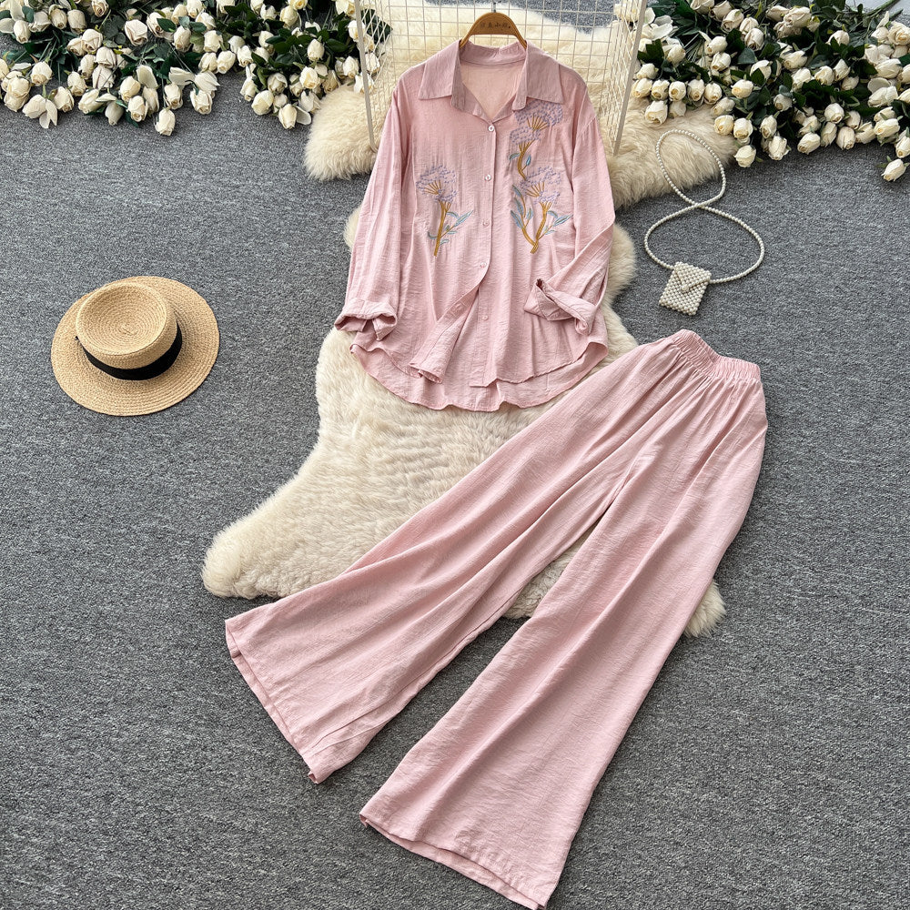 export lazy style embroidered long-sleeve shirt and wide-leg pants two-piece set - women's spring/autumn commute chic fashion outfit