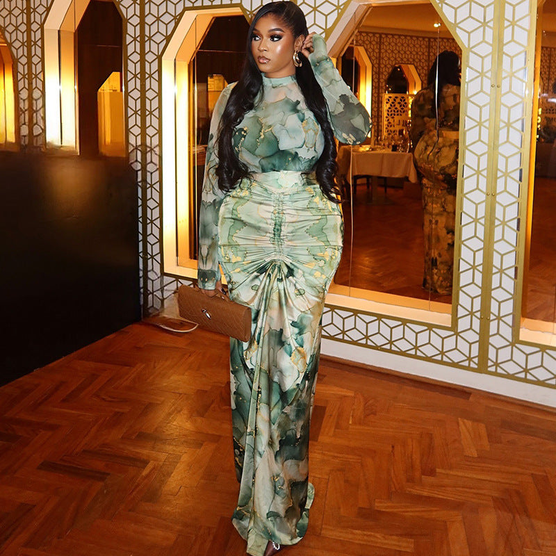 Fashion style cross-border printed waist wrap silm skirt suit pleated long skirt high collar trendy two-piece set casualwork clothing women's clothing