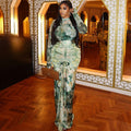 Fashion style cross-border printed waist wrap silm skirt suit pleated long skirt high collar trendy two-piece set casualwork clothing women's clothing