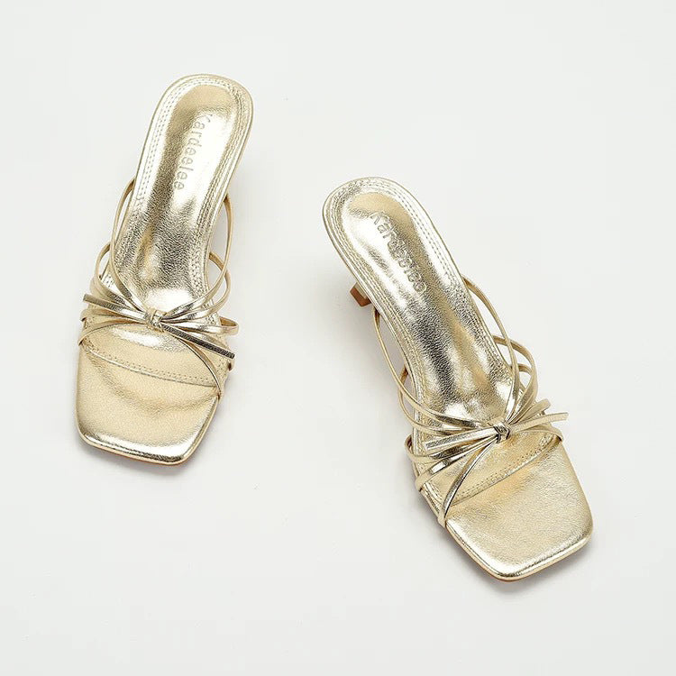 2025 summer new french style gold heeled mules - women's elegant open-toe sandals with thin straps and mid-heel for outdoor wear