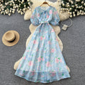 French romantic style printed tie-up dress - women's summer korean v-neck strappy short sleeve a-line maxi dress - elegant