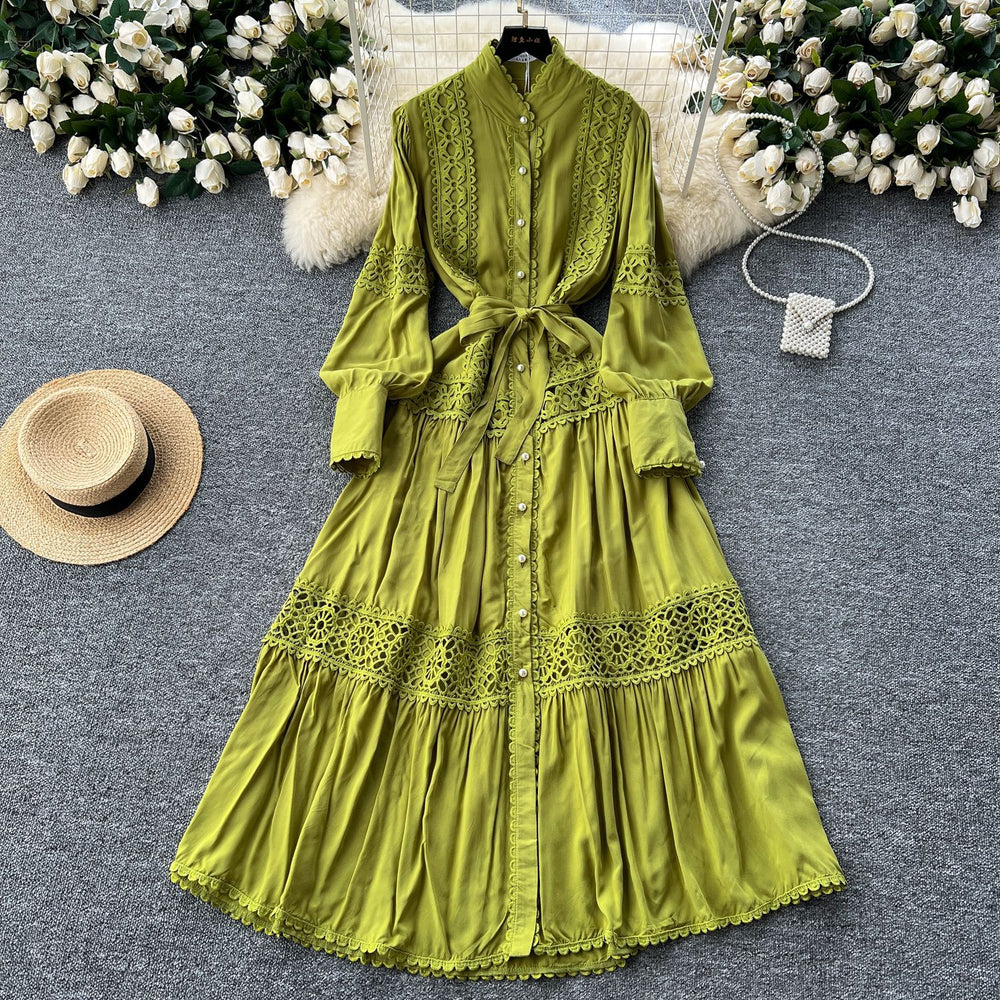 Frenchclassyretrolacepatchwork pearl single breasted slimmingelegant stand collar lantern sleeve large swing dress