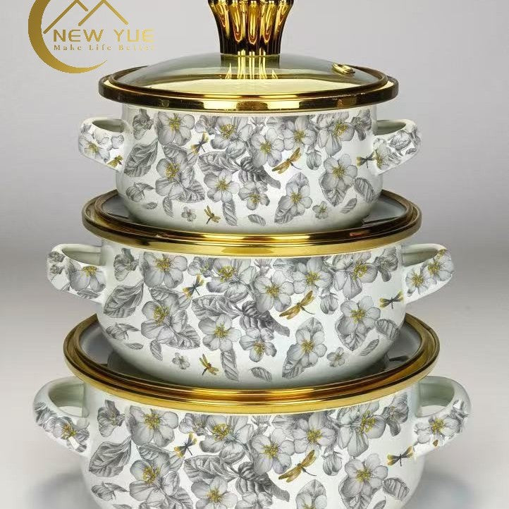 Factory direct sales cross-mirror hot-selling enamel large 3pcs pot set, high-quality soup pot, double-ear soup pot, high-quality pot set