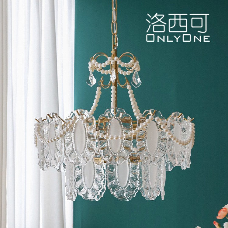 French Gorgeous Retro Pearl Glass Dining Room Bedroom Lighting Cream Wind Premium Light Luxury Crystal Living Room Chandelier