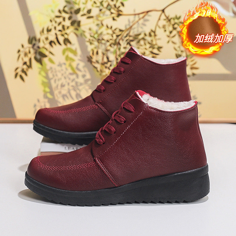 Ladieswear cotton shoes for women winterfleece-linedthickenedheattech short boots for middle-aged and elderly people non-slip waterproofflatsplaid grandma cotton shoes