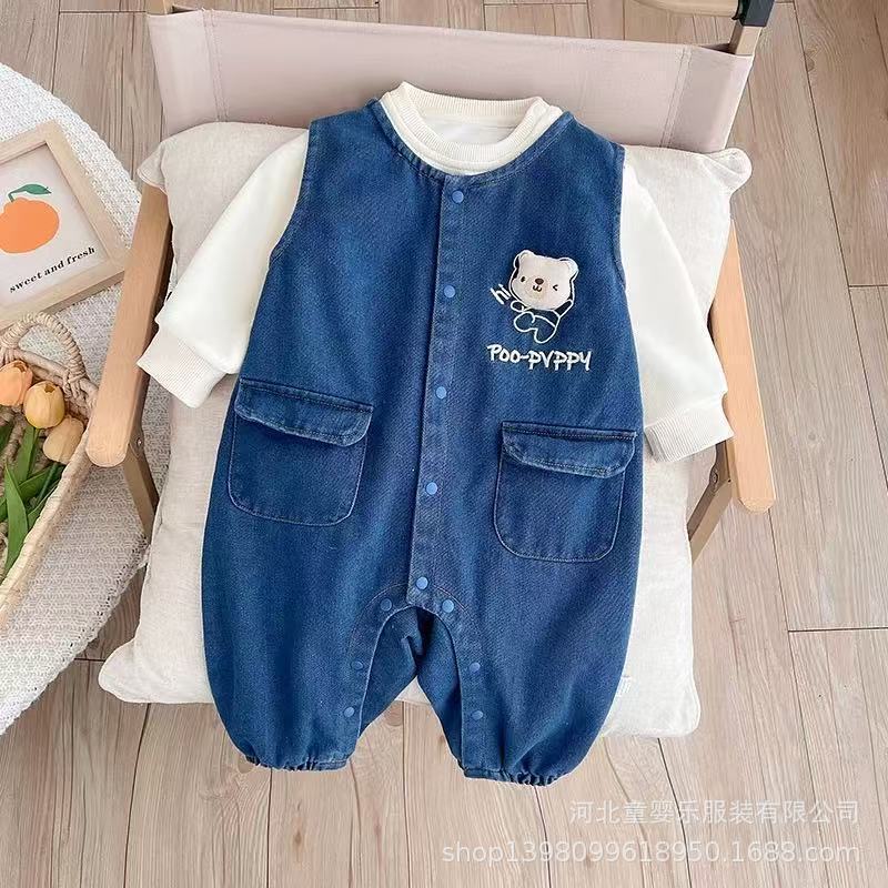 Spring and autumn suit baby clothes new arrival baby men and women infants and young children style denim suspenders two-piece set outing clothes