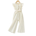 Girls' sleeveless romper dress with lace trim, chanel-inspired cinched waist, striped detail, and belted premium autumn jumpsuit pants