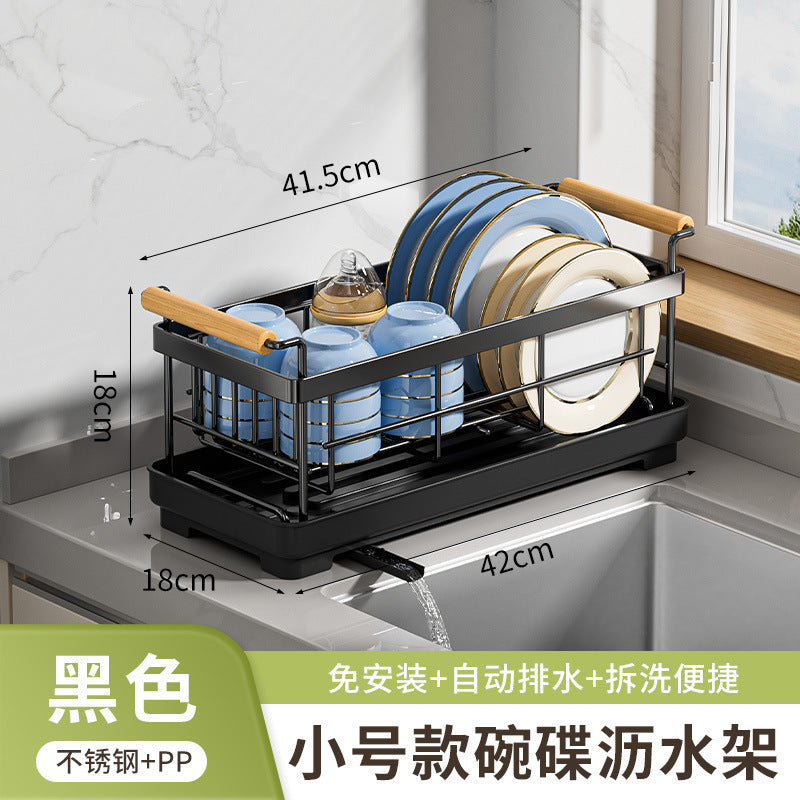 Stainless steel bowl rack, kitchen rack, countertop, household single-layer drain tray rack, large-capacity tableware and dish storage rack