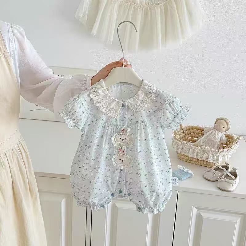 Summer floral lightweight baby romper - newborn summer outfit, short-sleeve bodysuit, crawling suit