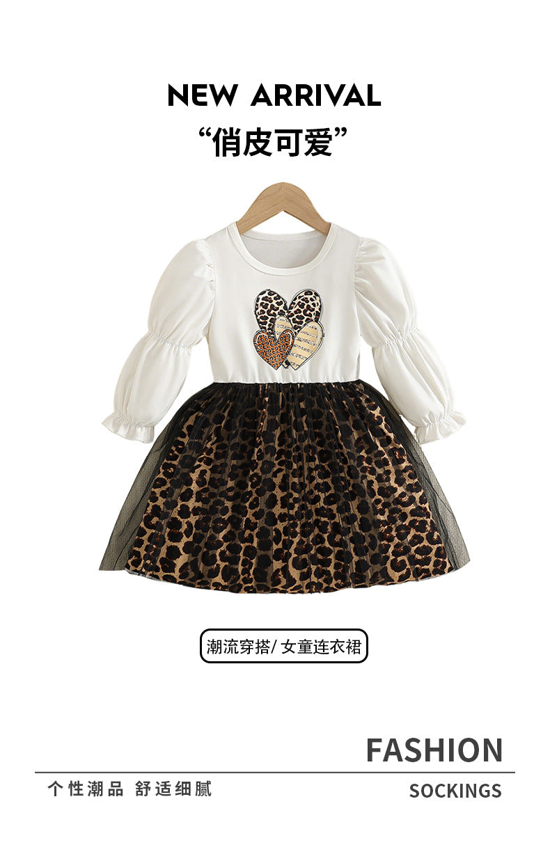 girldress lantern long sleeves heartprinting leopard print patchwork gauze skirt kidsautum princess dress