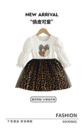 girldress lantern long sleeves heartprinting leopard print patchwork gauze skirt kidsautum princess dress